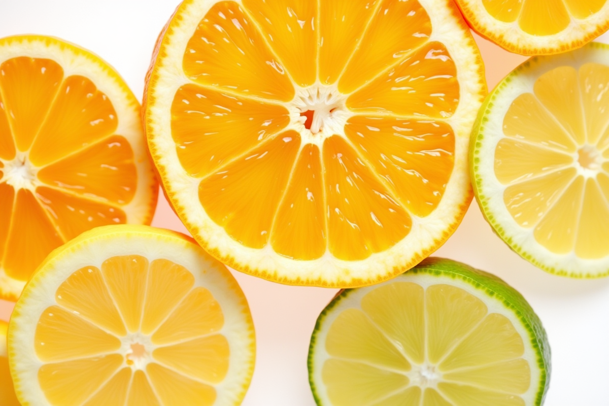 Tranches de fruits citrus frais en gros plan sur fond blanc