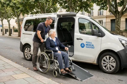 Chauffeur aidant une personne en fauteuil roulant à monter dans un véhicule sanitaire léger adapté en milieu urbain