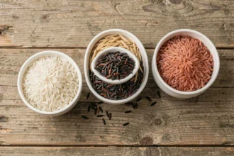 Cinq variétés de riz cru dans des bols en céramique blanche sur une table en bois rustique — riz blanc, brun, noir, rouge et sauvage comparés
