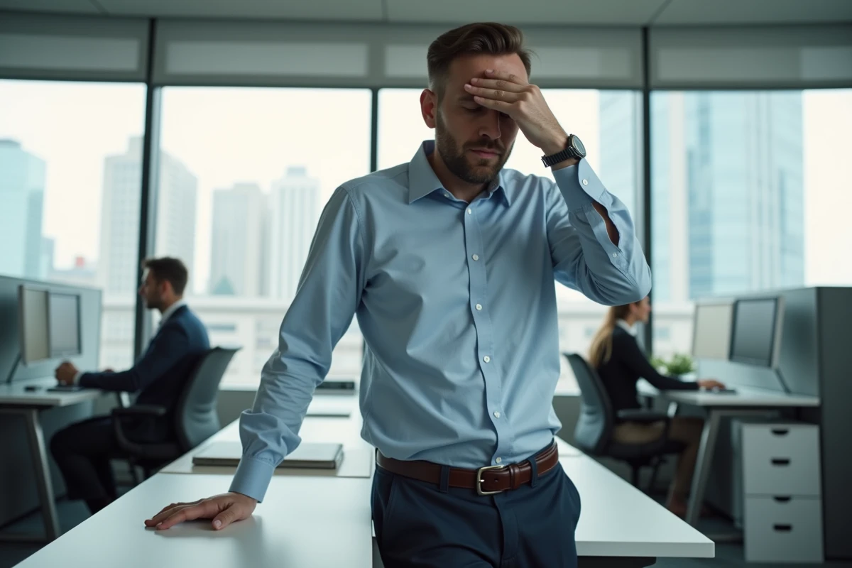 Homme au bureau souffrant de vertiges et de sensation de tête lourde pendant sa journée de travail, la main sur le front