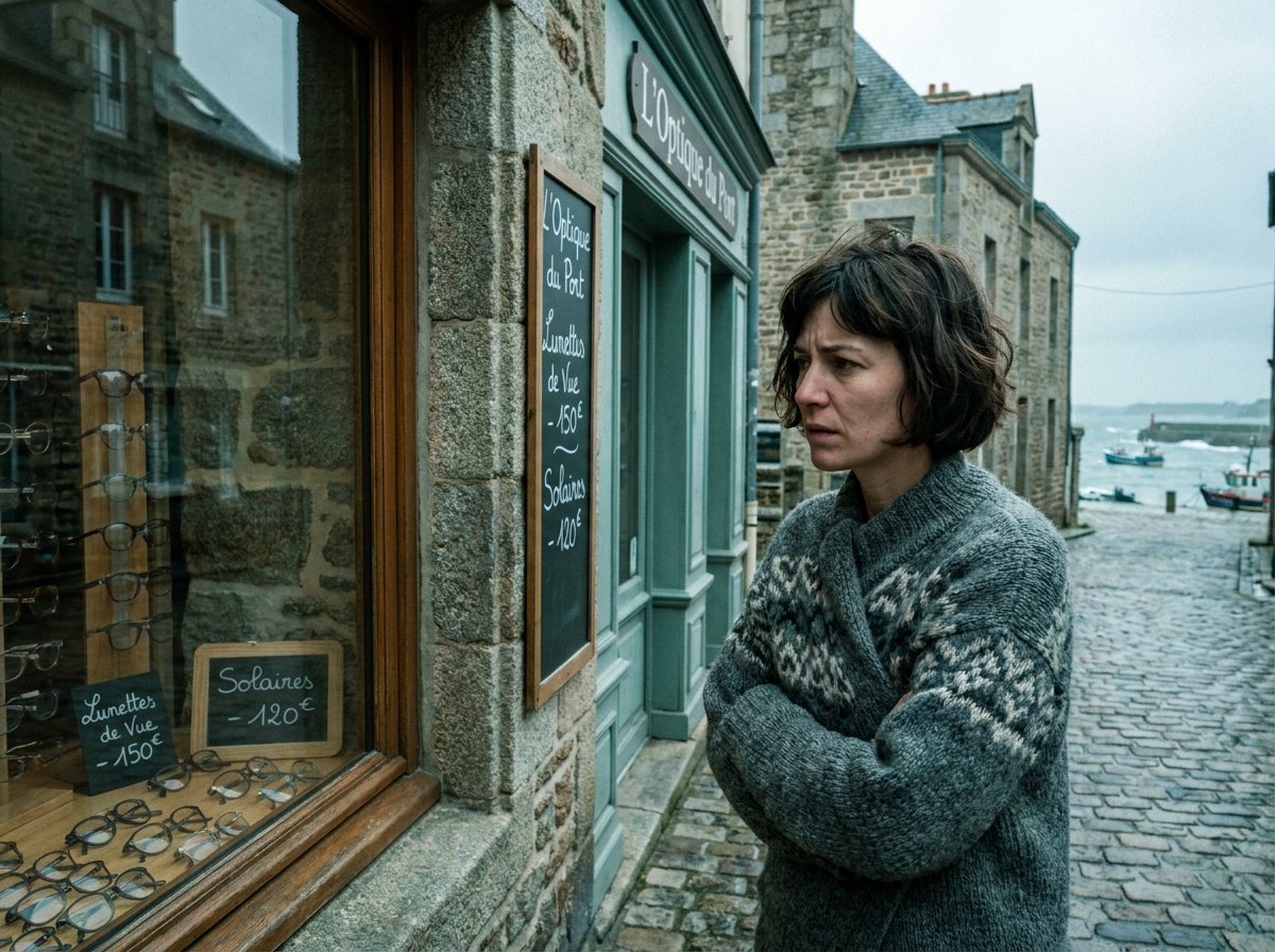Femme devant la vitrine d'un opticien indépendant dans une rue bretonne du Finistère